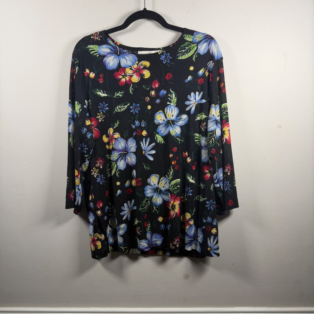 Liz Baker Floral Top Womens Petite XL Black Vintage 90s Stretch 3/4 Sleeve Tunic